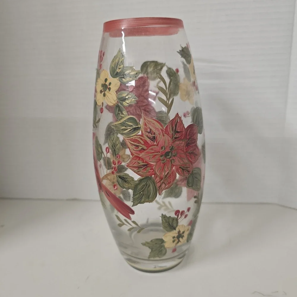 Hand Painted Glass Vase Red Cardinal Poinsettia Floral Winter Holiday‎ Decor